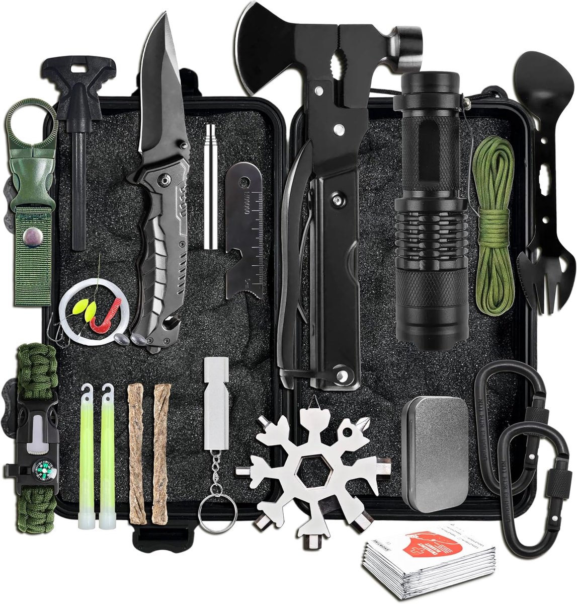 19-delige survivalset, overlevingsuitrusting, nooduitrusting, nooduitrusting, set survival kit, survival rugzak met uitrusting, survivalkits, militaire kwaliteit, noodrugzak gevuld
