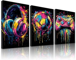 milaosk Set van 3 gaming-wandafbeeldingen met lijst, kleurrijke graffiti, gamecontroller, voetbal, hoofdtelefoon, canvasfoto's, kunstdrukken voor tieners, jongens, kamer, speelkamer, decoratie, 30,5 x