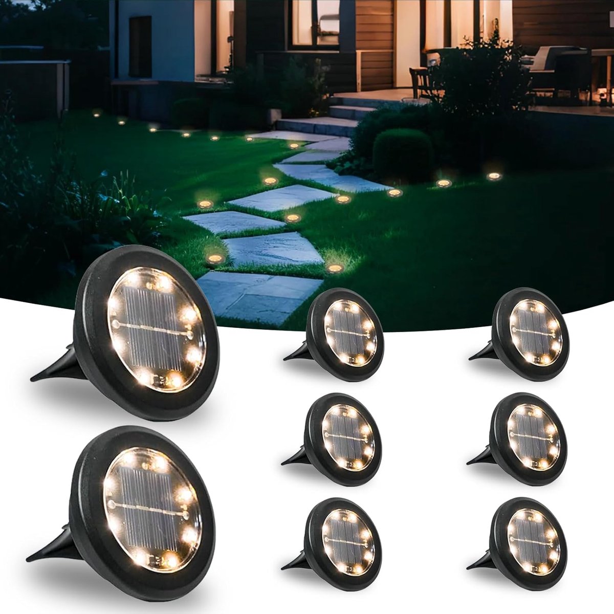 Solar Grondspots Tuinverlichting Set van 8 - IP65 Waterdicht - 8 LED's Warm Wit - Tuinlampen op Zonne-energie met Lichtsensor - Zwart