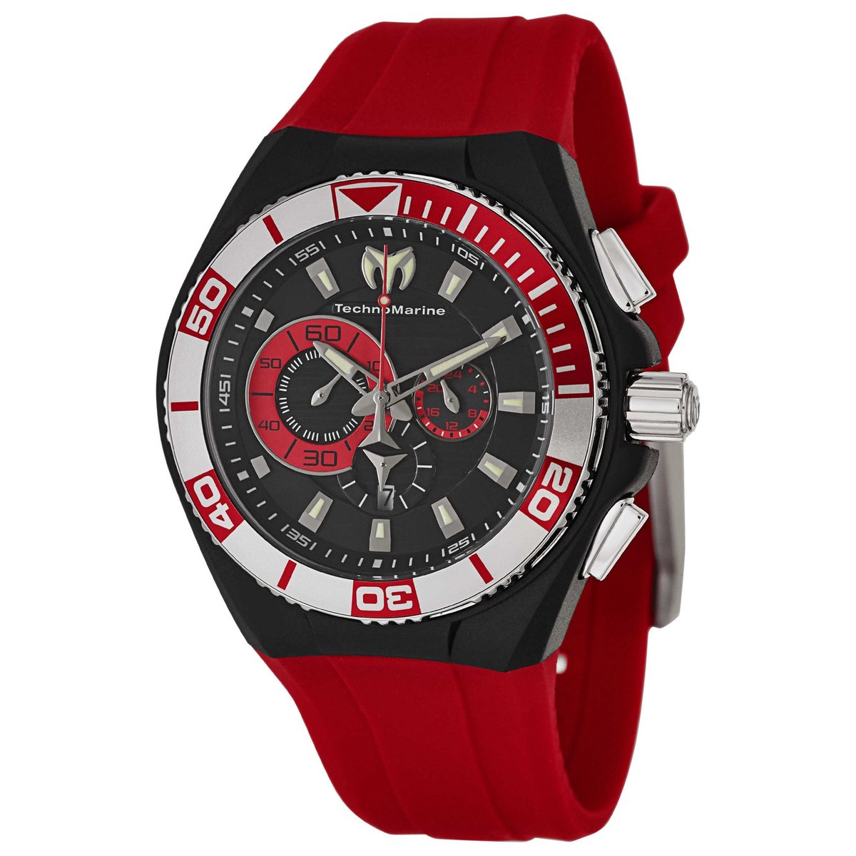 TechnoMarine Cruise TM-112012 Herenhorloge - 45 mm - Japans Quartz Chronograaf - Zwarte Wijzerplaat - Rode Siliconen & Canvas Band - 20 ATM Waterdicht