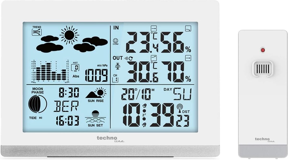 SnelShoppen - Funkwetterstation Met Buiten Sensor, Weather Station, Weersvoorspelling, Temperatuur, Luchtvochtigheid, Wit, Voor Tuin, Binnenshuis, Cam