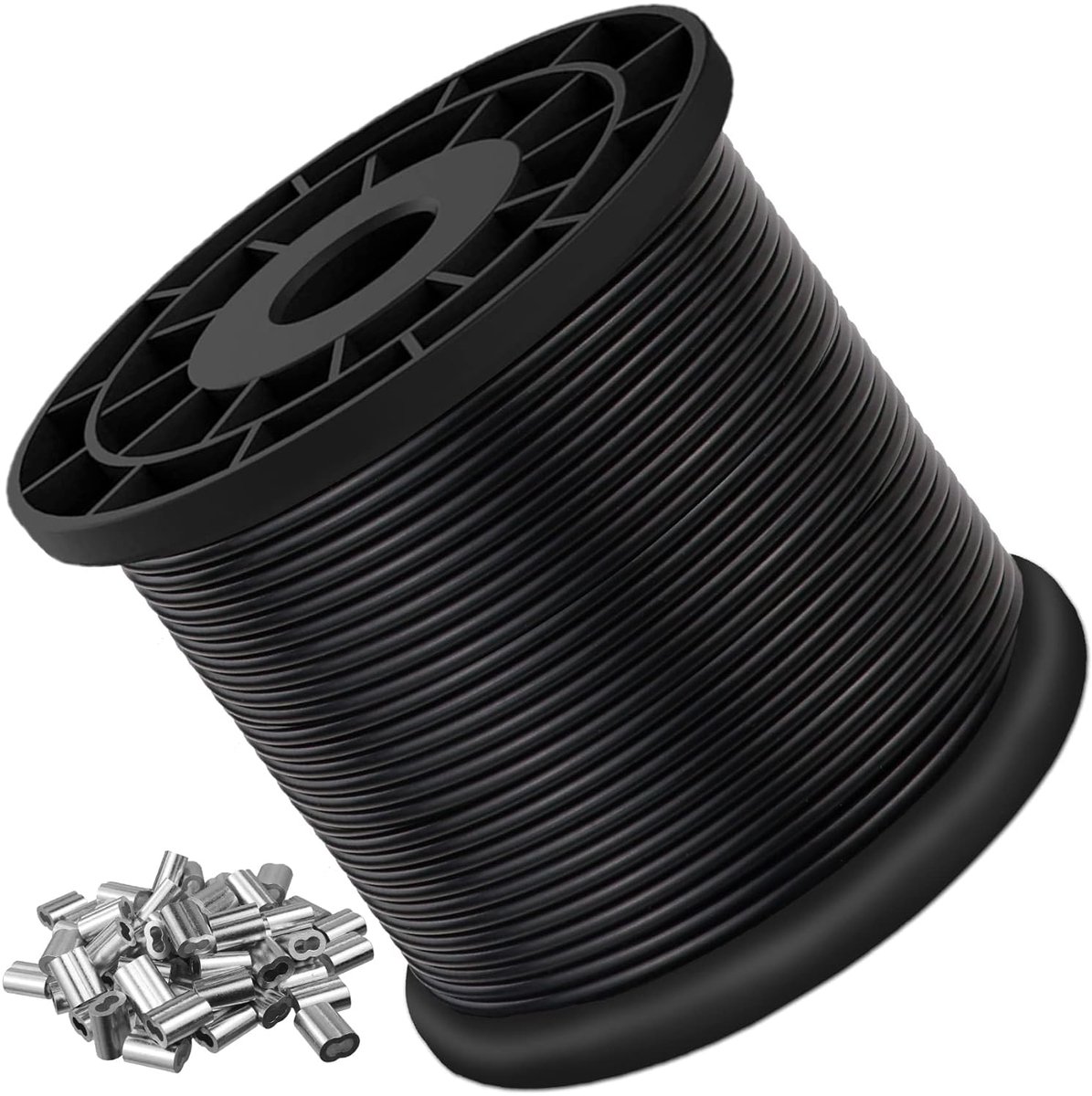 SnelShoppen - 4 mm Ommantelde Staalkabel 100 m met PVC-coating, Draadkabel, 100 Stuks Krimpkappen voor Buitenhek, Hek, Waslijn, Zwart
