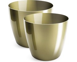 SnelShoppen - Set van 2 Bloempotten, Glanzende Plantenpotten, Kunststof, Decoratief voor Grote en Kleine Planten, Goud, Diameter 12 cm
