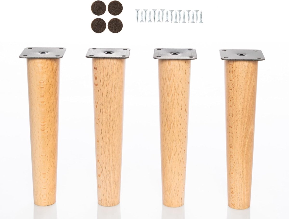 SnelShoppen - Houten meubelpoten van beukenhout met montageplaat, 4 stuks, conische houten poten 20 cm hoog, natuurlijk, perfect voor meubels, banken,