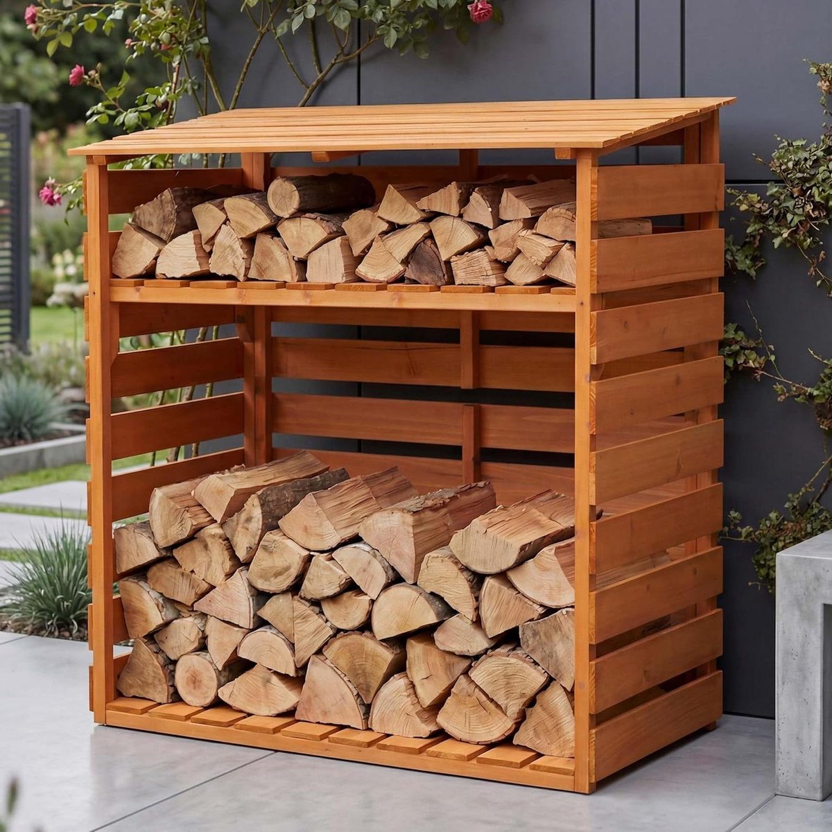 Brandhout Opslagrek - Houthok Houtopslag - Haardhout Opslaan - Met Legplank - 121 x 122 x 61 cm - Naturel