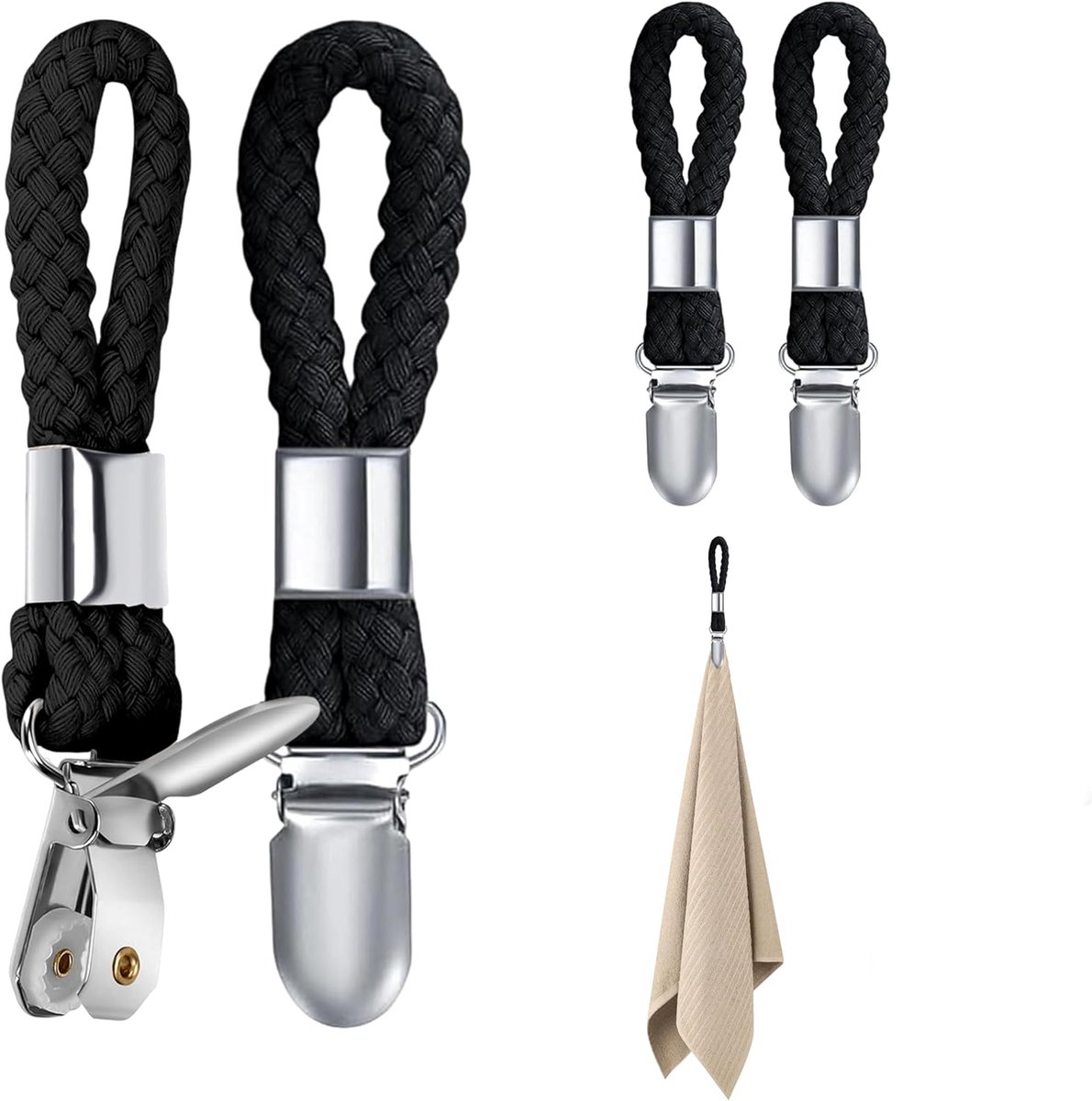 SnelShoppen - Towel Clips Set van 4 - Zwarte Handdoek Klemmen - Sterke Grip voor Handdoeken en Kleding - Duurzame Katoenen Touw Hangers voor Buiten en