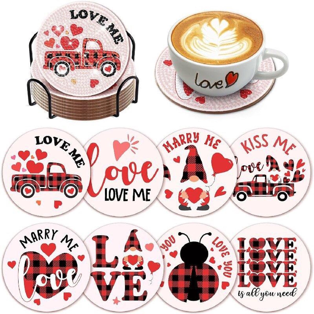 YYchan DIY Diamond Painting Onderzetters Set - 8 Stuks met Houder - Handgemaakt & Hittebestendig - Pakket Volwassenen en Kinderen - LOVE