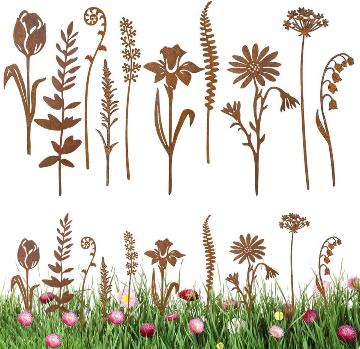 Tuinsteker van roestig metaal voor bloemen, weerbestendige tuindecoratie, lentedecoratie en zomerdecoratie voor tuin, terras en balkon