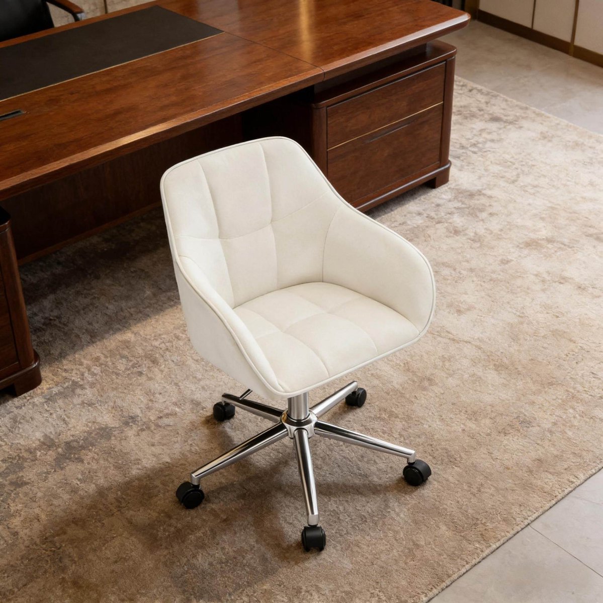 COVREO Bureaustoel 61 cm cream white, velvet en metaal met wielen