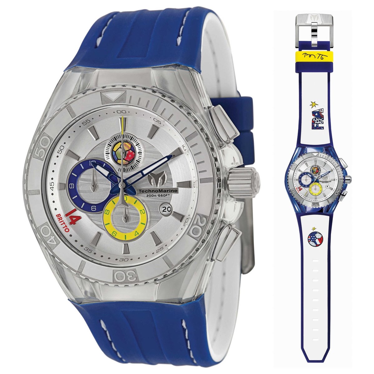 TechnoMarine Cruise Tribute to Soccer TM-114023I Herenhorloge - 45 mm - Japans Quartz Chronograaf - Zilverkleurige Wijzerplaat - Blauwe Siliconen Band - 20 ATM Waterdicht