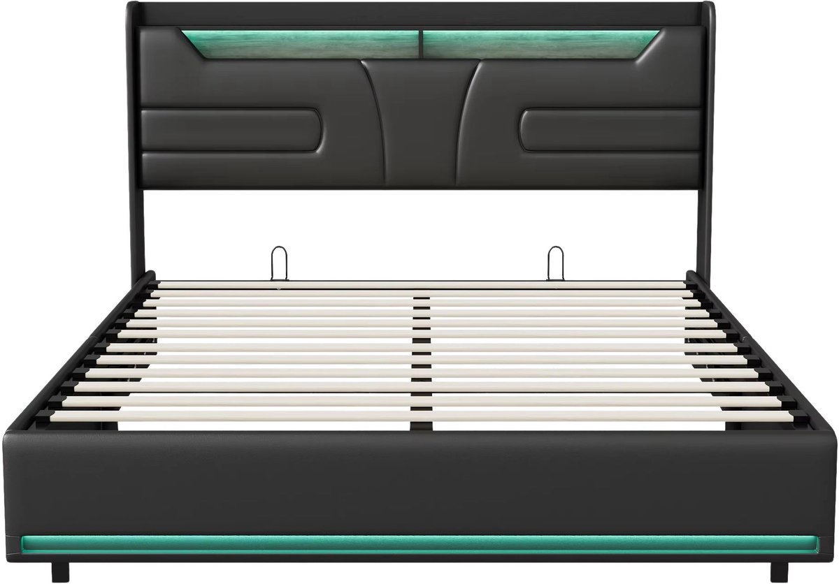 Happiq Opbergbed 140x190 cm Zwart - met LED Verlichting, Opbergruimte, Hoofdbord, Oplaadstation