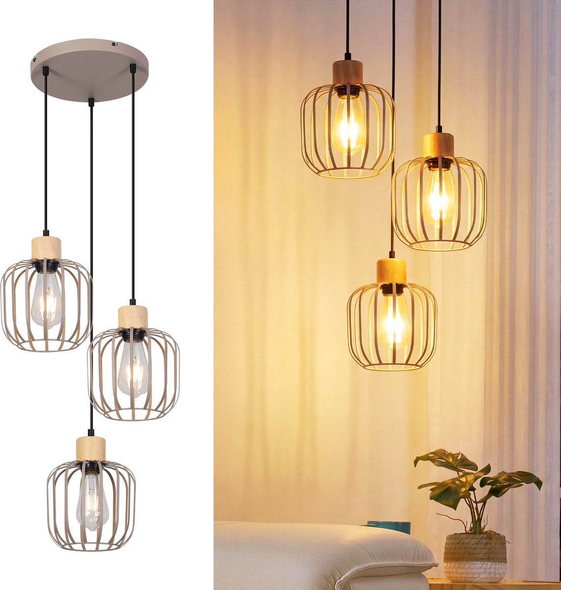 NETTLIFE 3-Flammige Hanglamp Grijs - Met Houten Accent | E27 | Hoogteverstelbaar | Moderne Eetkamerlamp voor Eettafel Keukeneiland & Woonkamer - Zonder Lampen