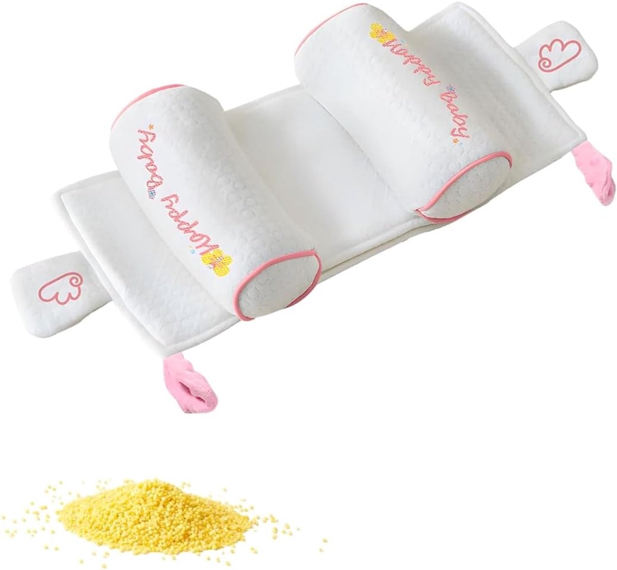 Baby Kussen - Baby Hoofdkussen - Tegen Plat Hoofd - Ergonomisch- Ademend Babykussen - voor 0-18 Maanden - 100% Katoenen Reiskussen - voor Wieg, Kinderwagen & Autostoel - Voorkomt Afgeplat Hoofdje - Wasmachinebestendig - Roze / Veelkleurig