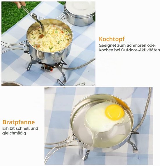 Roestvrijstalen kookgerei set voor op de camping - 4-delig - Kookgerei voor op de camping - Keukengerei - Inclusief draagbaar, opvouwbaar kookgerei en borden - Geschikt voor picknicks, koken op de camping, backpacken en wandelen - Zilverkleurig — afbeelding 3
