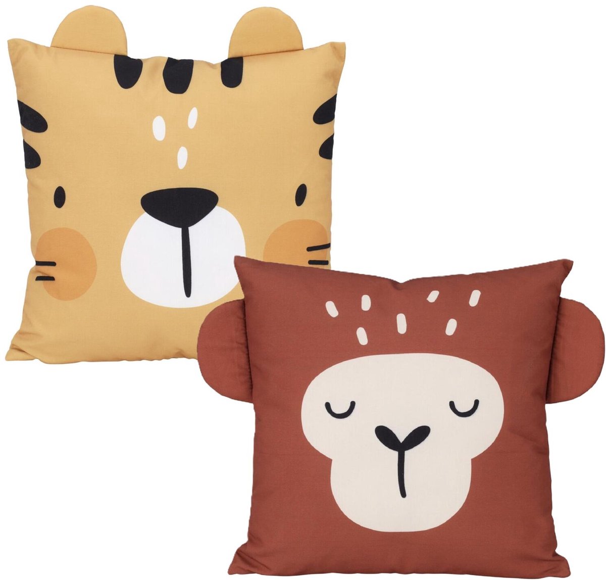Home & Styling Dieren sierkussen set - 2x - kinderkamer - tijger en aapje - 40 x 40 cm - polyester