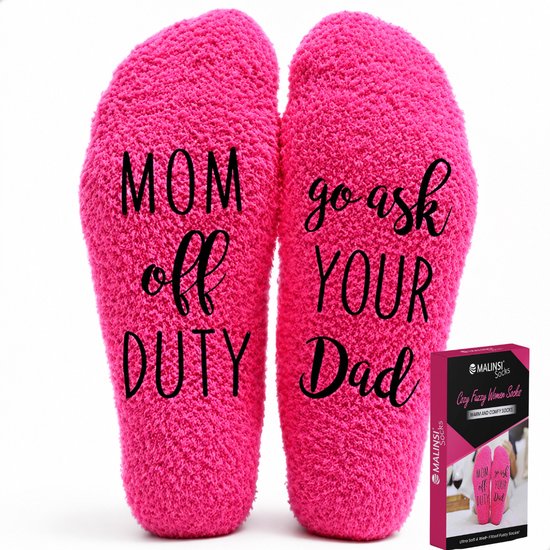Malinsi® Grappige Sokken - Mom off Duty, ask Dad - Leuke Huissokken Dames - Gekke Cadeaus Cadeautjes Volwassenen - Funny Socks Geschenkset met Tekst - Cadeau voor Vrouwen Mama Moeder Oma - Moederdag Cadeautje Geschenk Giftset Verjaardag