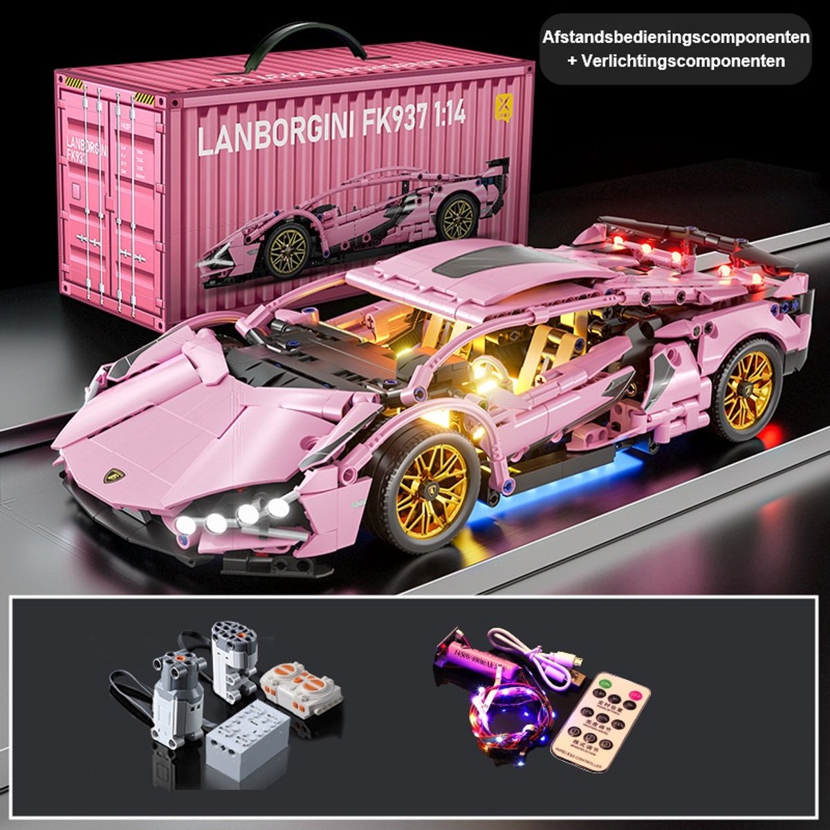 Supercar-bouwset, automodelbouwspeelgoed op schaal 1:14, racewagen /verjaardags- en vakantiecadeaus Roze(1314 stuks)(Afstandsbedieningscomponent + verlichtingscomponent)