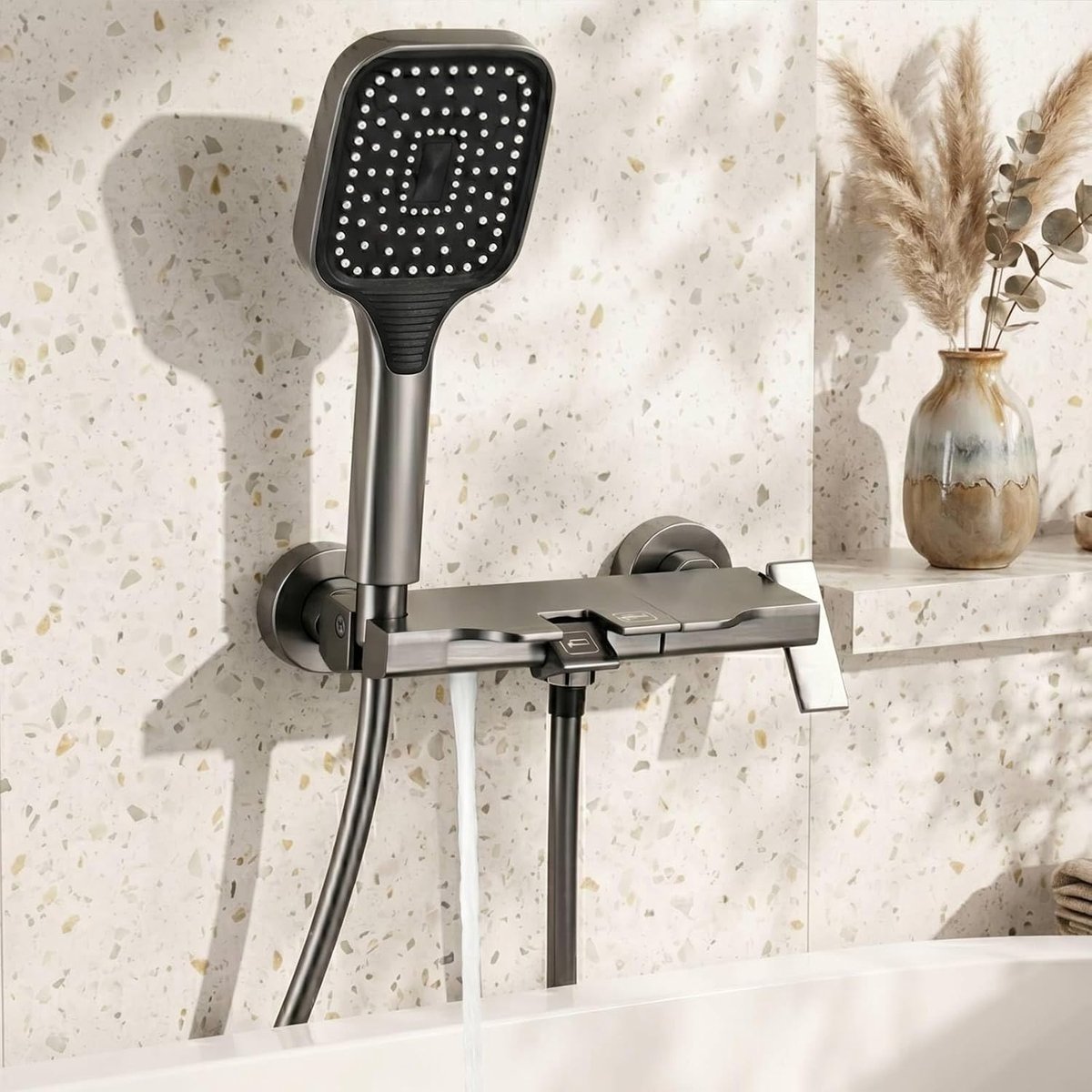 Waterval badkraan met handdouche, badkamerkranen van ruimtealuminium met pianotoetsen, slang 1,5 m