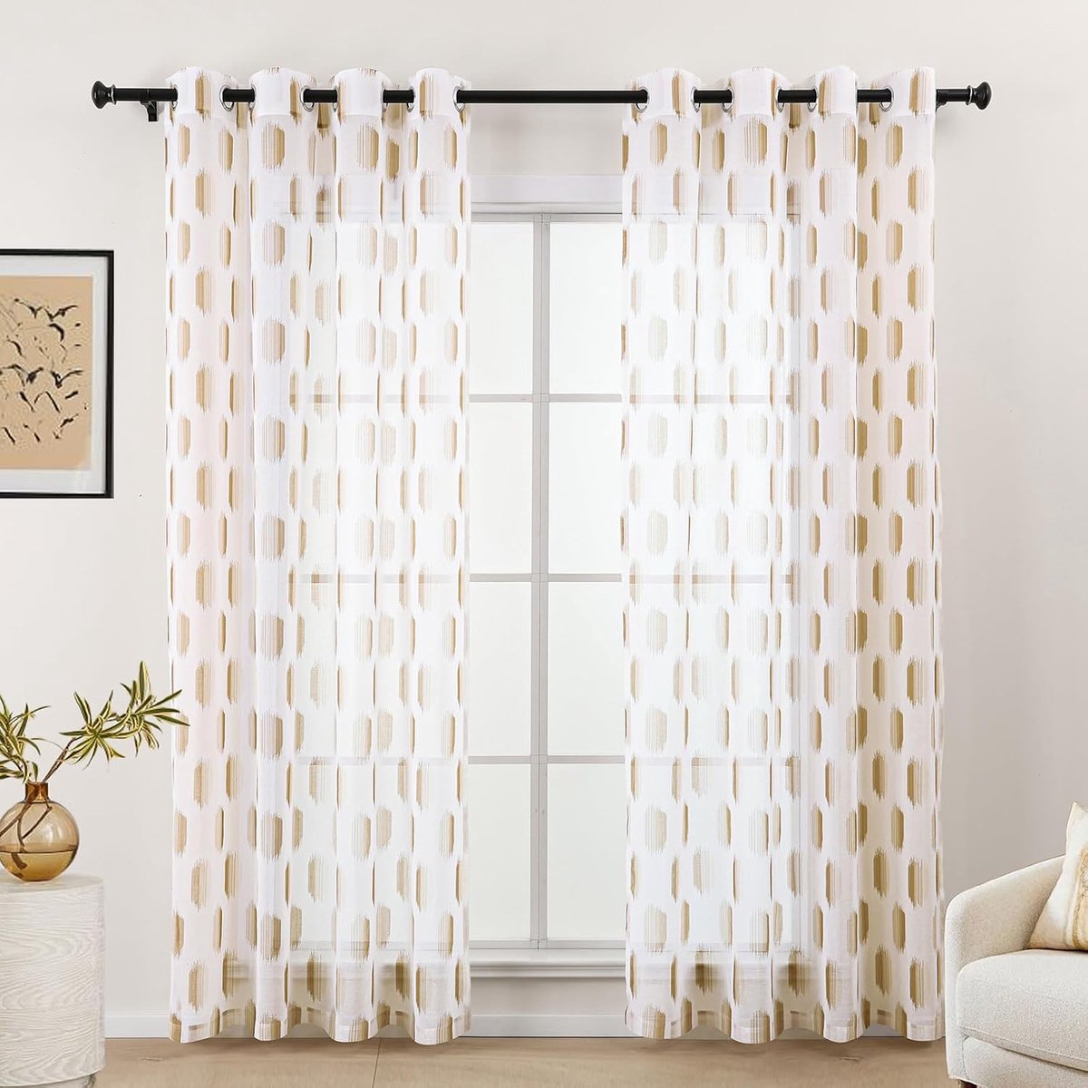 Gordijnen, bruin-wit, gordijnen voor woonkamer, gordijn met witte vitrage voor slaapkamer, 245 cm lang, met oogjes, transparant, geometrisch design, set van 2 gordijnen, gordijn met ogen