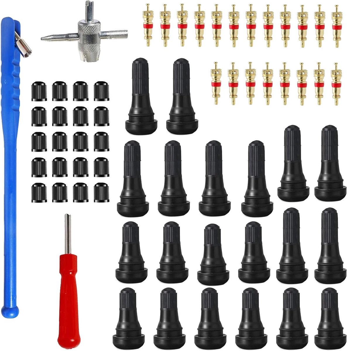 63 stuks bandenventielverwijderaar, bandenreparatie, ventielgereedschapsset, 20 x ventielkernen, 20 x bandenventieldoppen, 4 in 1 reparatiegereedschap, 1 x éénkop ventielverwijderaar 1 x