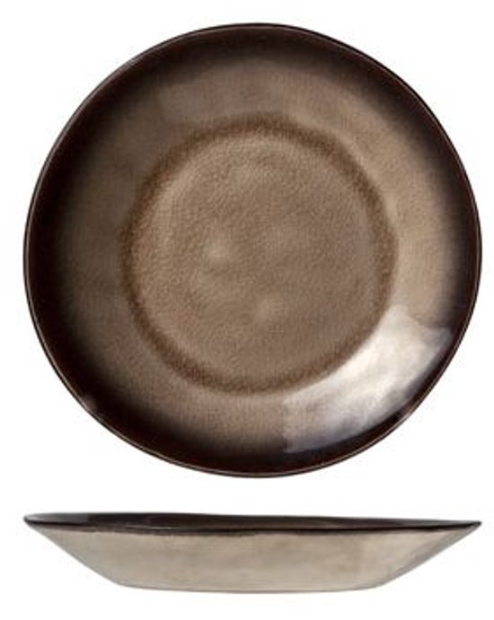 Atilla Ondertas, D15cm. Een aardewerken bord met een glanzende, gespikkelde bruine en beige afwerking.