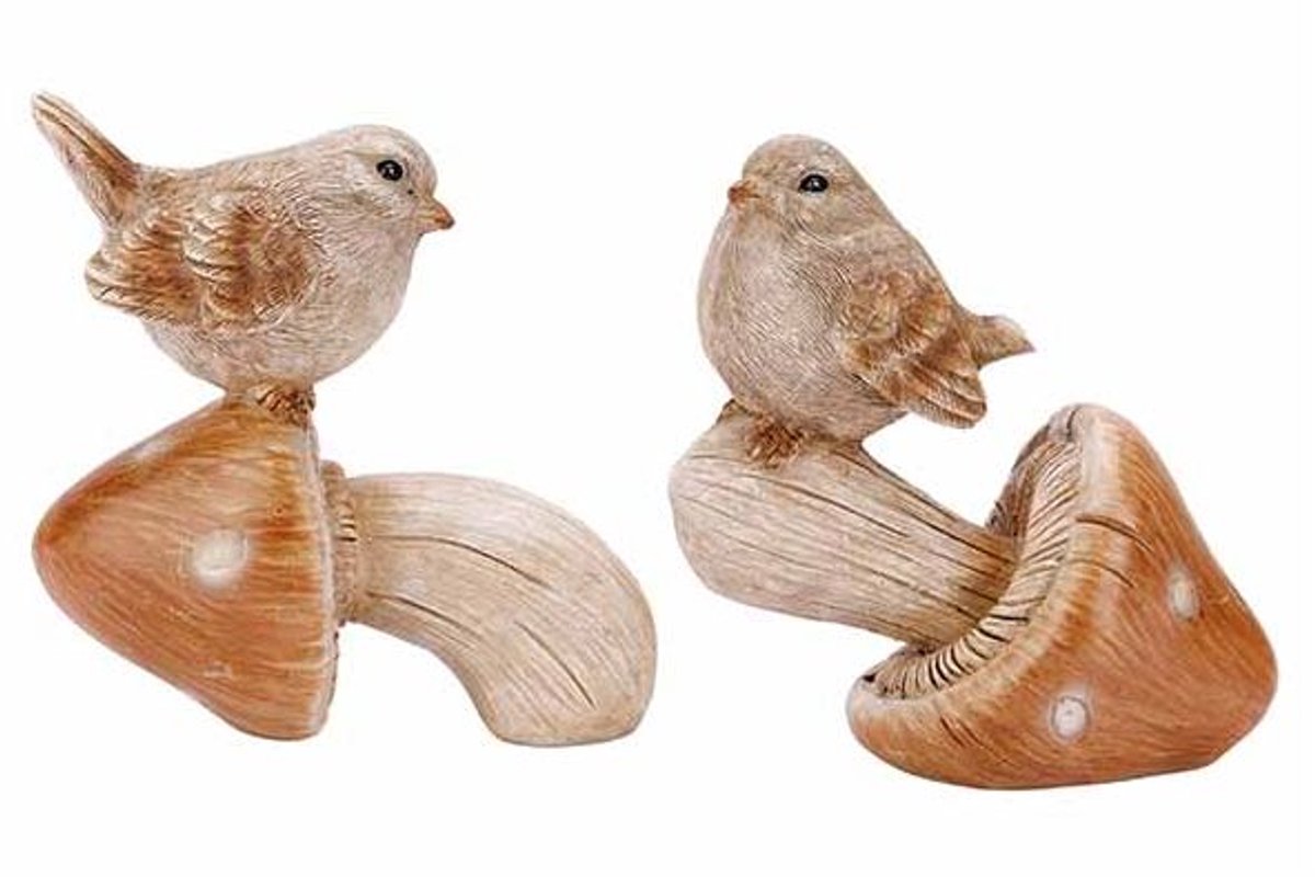 Vogel On Mushroom 2ass Bruin 11x6xh11cm Polyresin