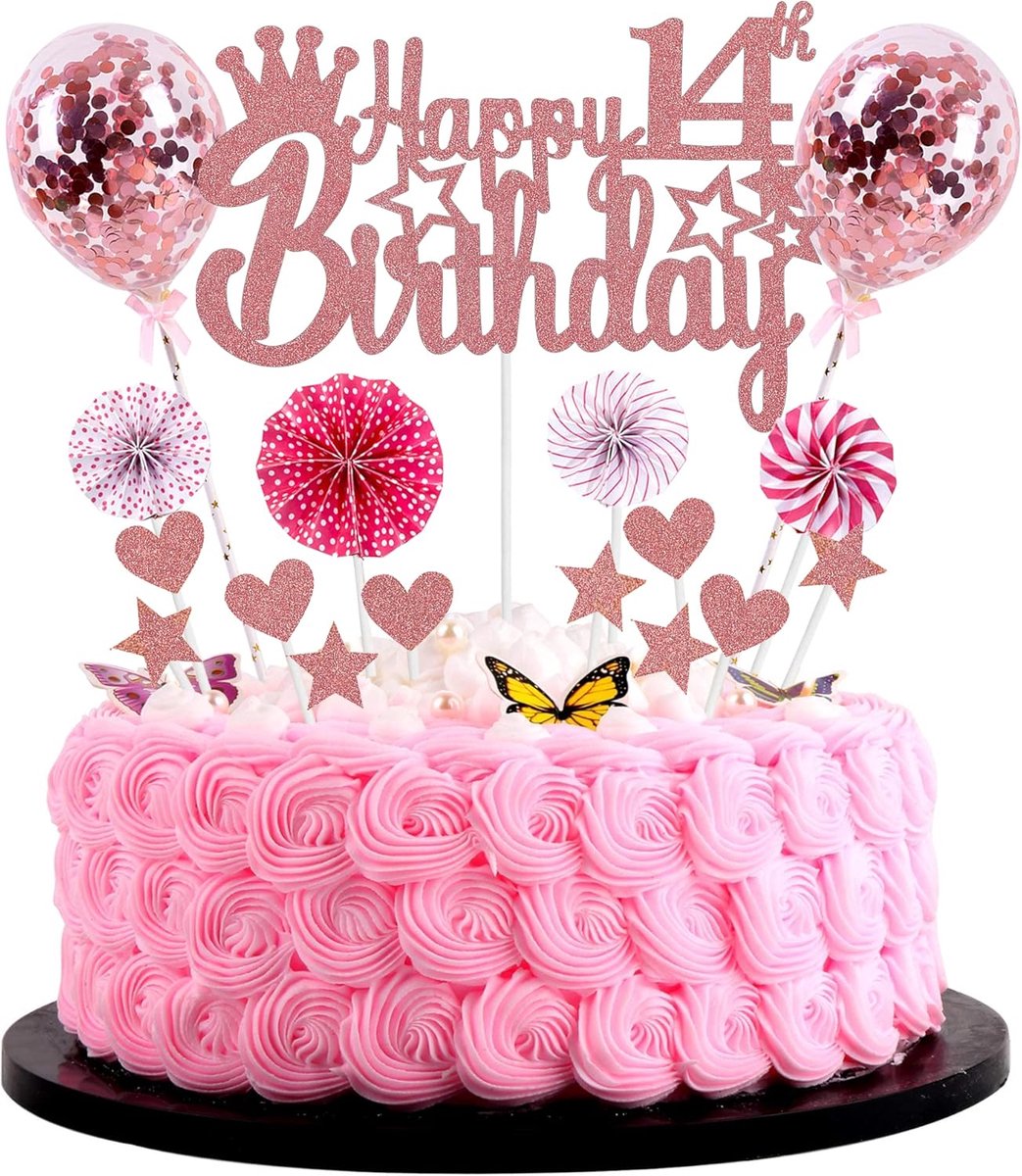 14th Birthday taartdecoratie voor meisjes, Hello 14, taarttopper, roségoud, taarttopper, decoratie voor jongens 14 jaar, glitter voor verjaardag