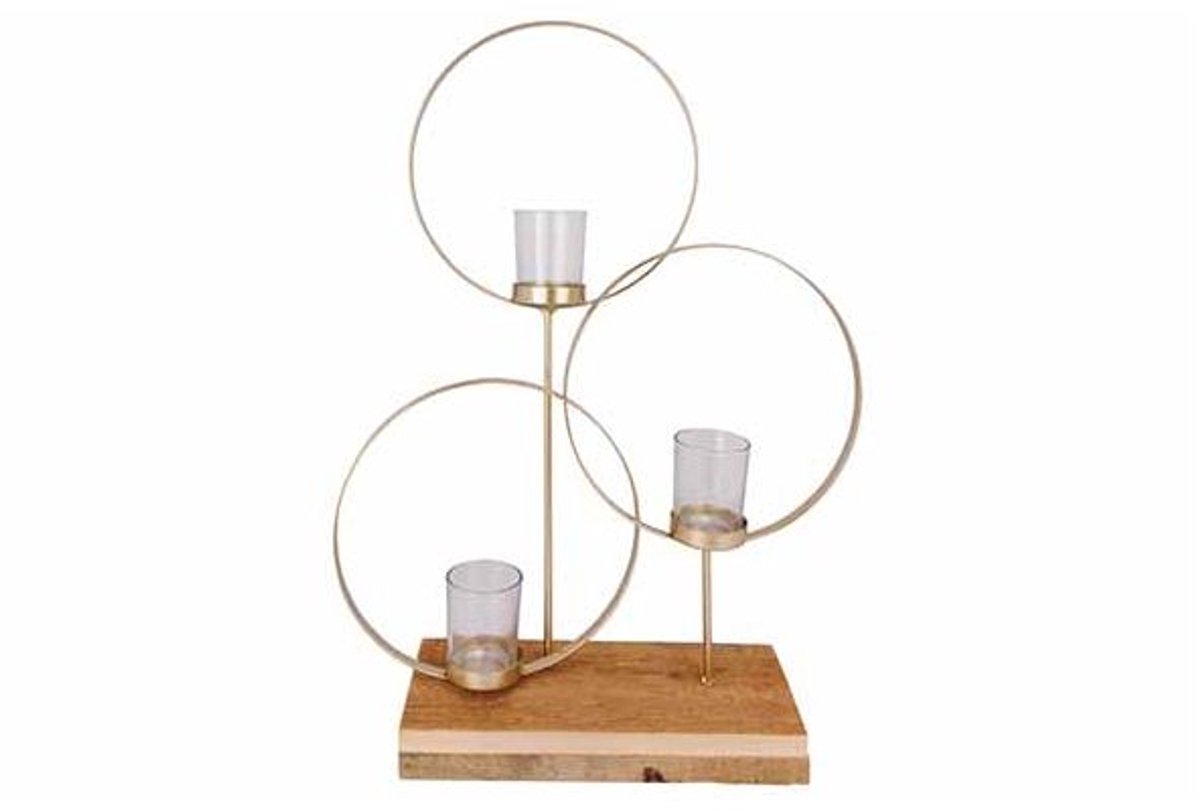 Cosy @ Home Theelichthouder 3 Circles Goud 35x10xh4 7cm Metaal Zwart