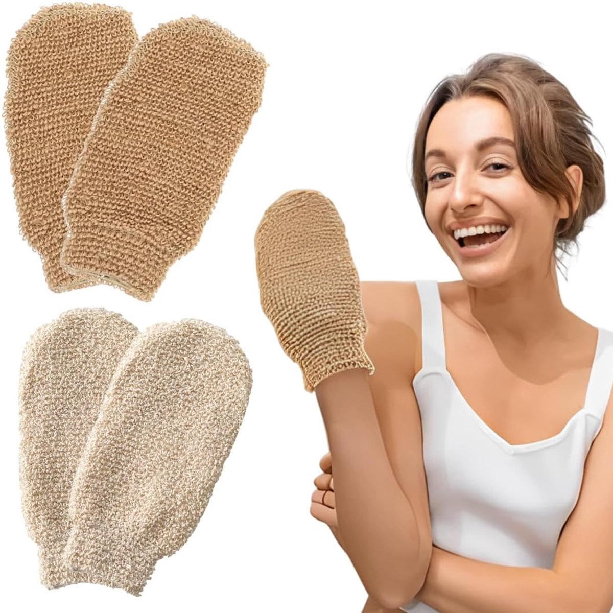 Verpakking met 4 exfoliërende handschoenen van natuurlijke tak, 2 intensiteiten voor douche en droog, verwijdert dode cellen en maakt de huid glad voor mannen en vrouwen