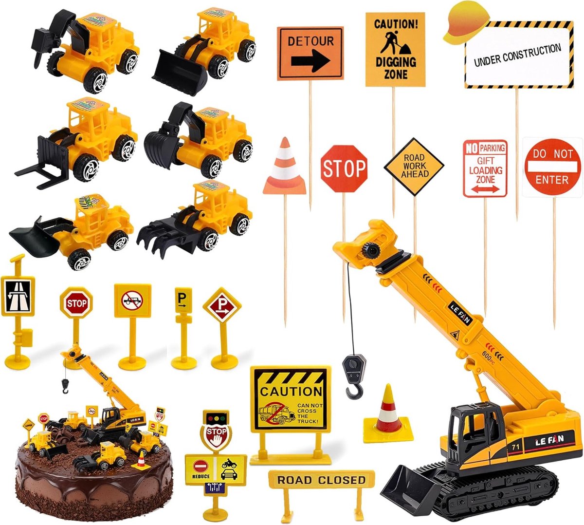 SnelShoppen - Excavator Cake Decoration Set - 24 Stuks Plastic Constructie Voertuigen voor Feest, Kinderfeestjes, Taart Decoratie, Bouw Thema, Kleurvo