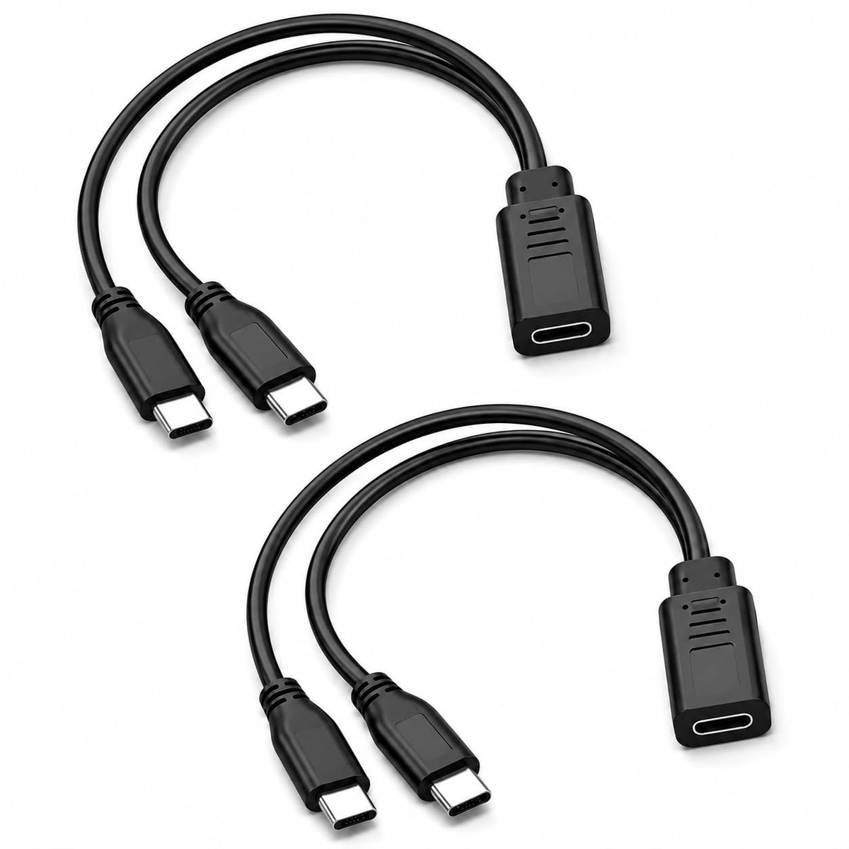 2 stuks USB C vrouwelijke naar 2 USB C mannelijke kabels, korte 30 cm Y-adapter voor gelijktijdig opladen, type C splitter 1 op 2 keer voor twee apparaten, splitter 1 op 2 voor het opladen