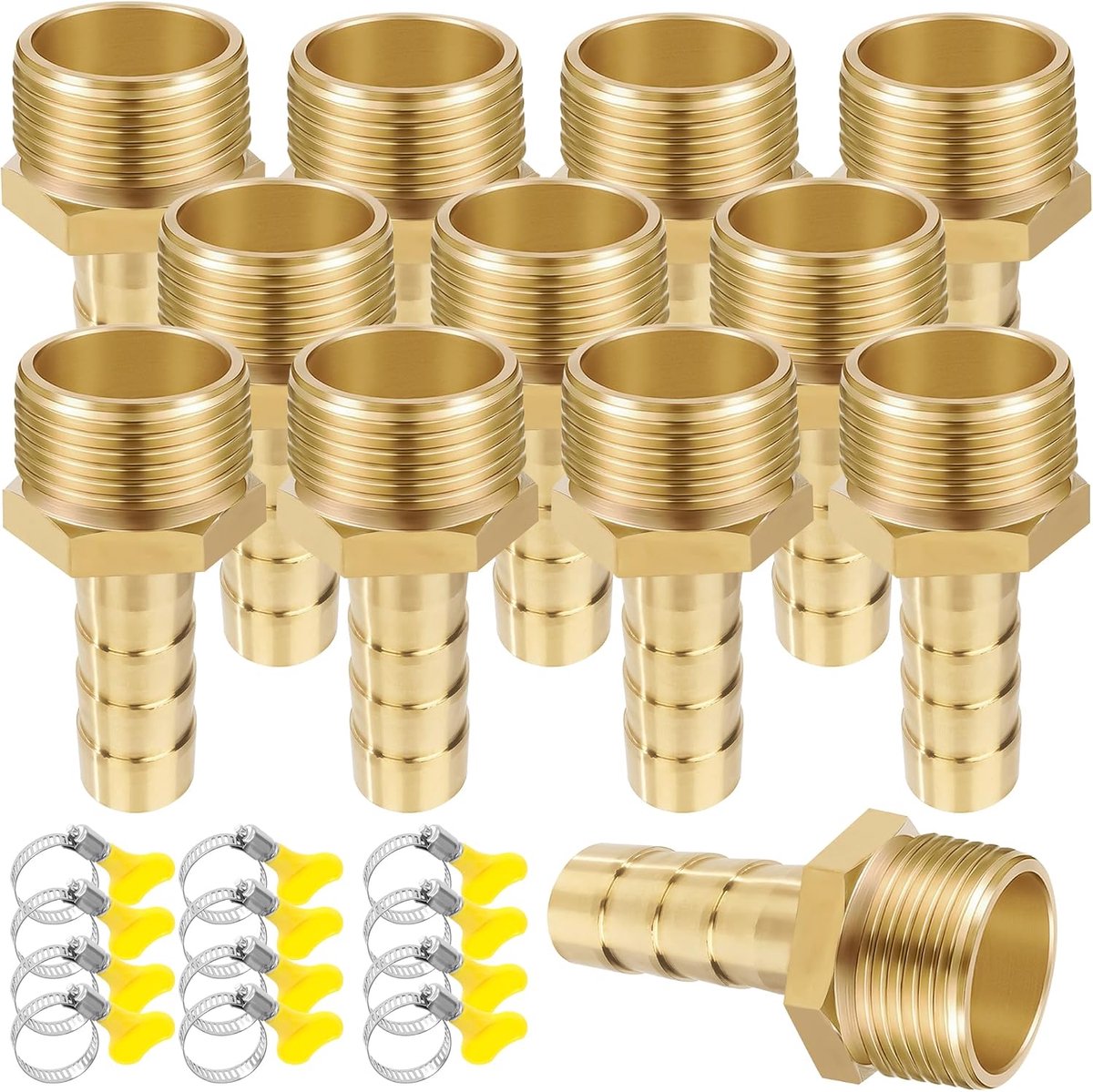 buisadapter, 12 stuks 10 mm haak x 3/4 inch binnendraad messing buisverbinder met draad, slanghuls schroefaansluiting met klemmen voor water, gas, lucht