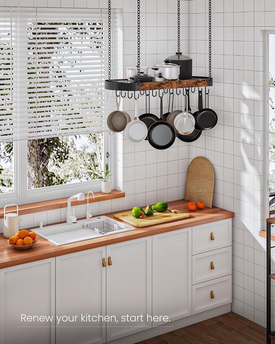 80,5 cm hangend pannenrek, ruimtebesparend pannenhanger voor de keuken, plafond pannenrek met 16 afneembare S-haken, stevig metalen frame, industriële stijl, rustiek bruin en zwart TPR09BF — afbeelding 2