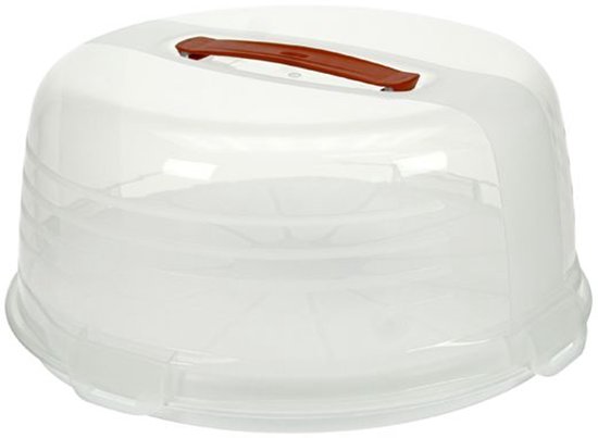Boîte à gâteau transparente Curver avec poignée marron et une capacité de 13,62 litres.