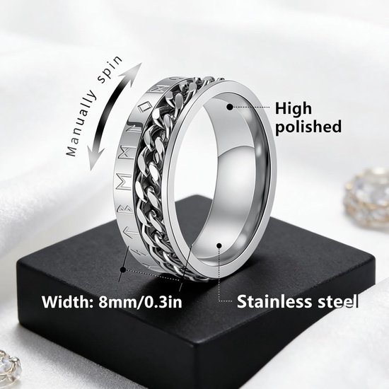 Ringen, roestvrij staal, anti-stress-ring, zilver, zwart, draaibaar, ketting, ringen, vintage, gothic, ringen, sieraden, bruiloft, belofte, ringen, heren, 8 mm — afbeelding 2