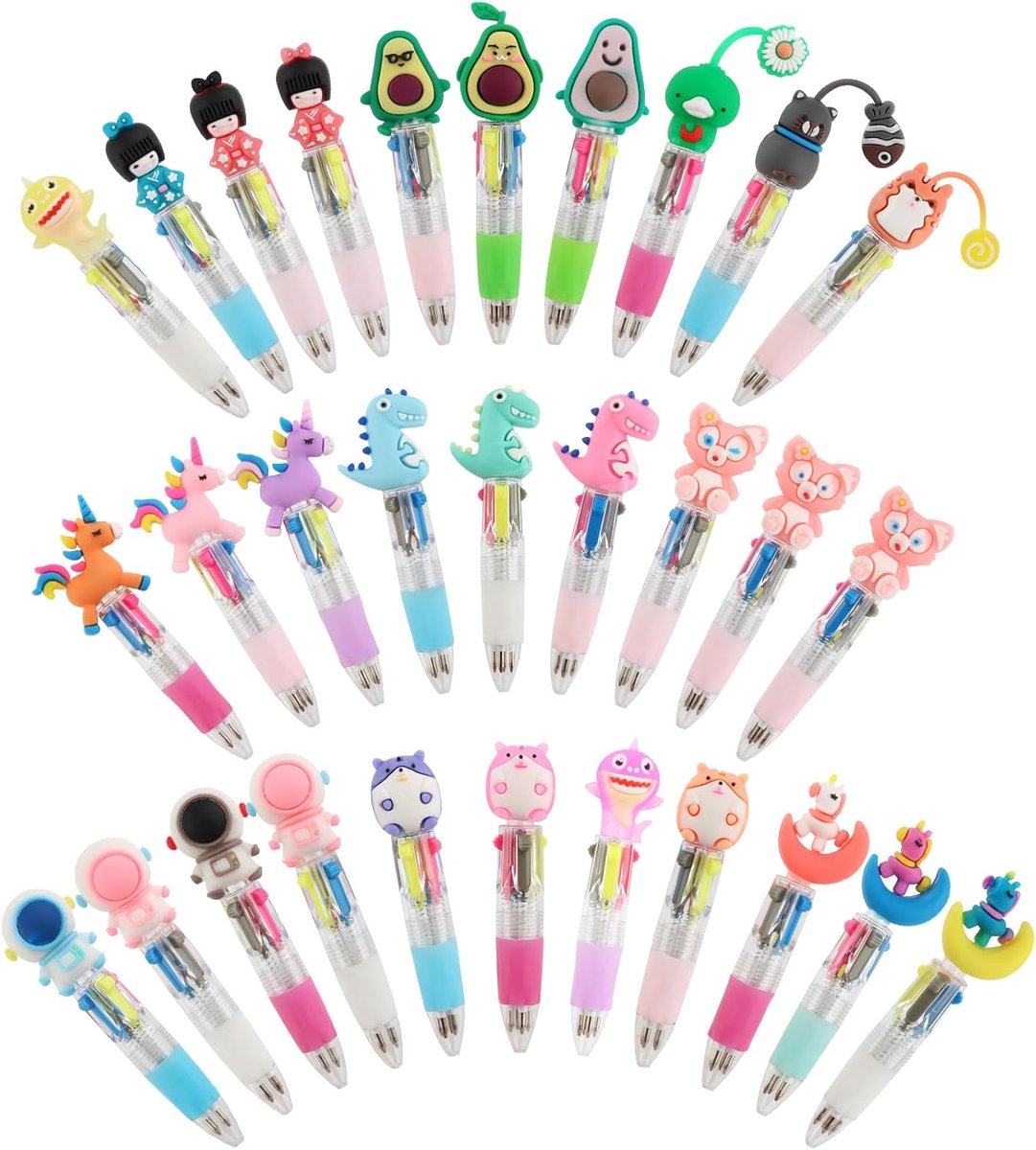 30 stuks dierkleurige pennen voor kinderen, 4 kleuren, mini multicolor balpen, creatieve pennen, schattig met betoverende dieren, kawaii, veelkleurige gadgets verjaardag, kinderen, gekleurde
