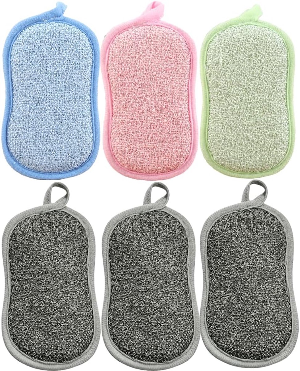 Sponzen, wasbaar, 6 stuks, keukenspons, microvezelspons, keuken, dubbelzijdige reinigingsspons voor servies, potten, pannen, roze, blauw, groen, lichtgrijs, sponzen, keuken, huishoudelijke