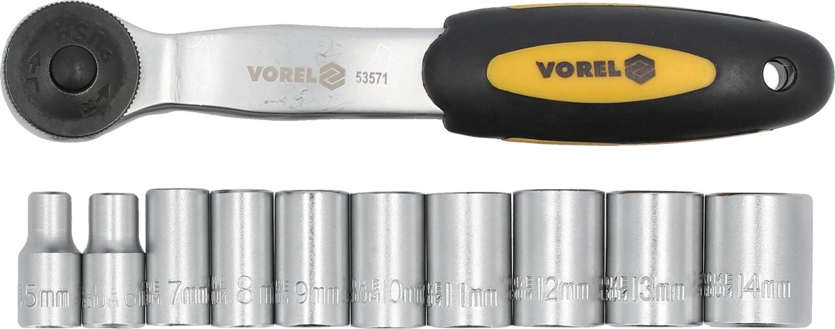 11-Delige Dop- en Ratelset 1/4" – Chrome-Vanadium – Fijne 72-Tands Gebogen Ratel – Inclusief 10 Doppen (5-14 mm)
