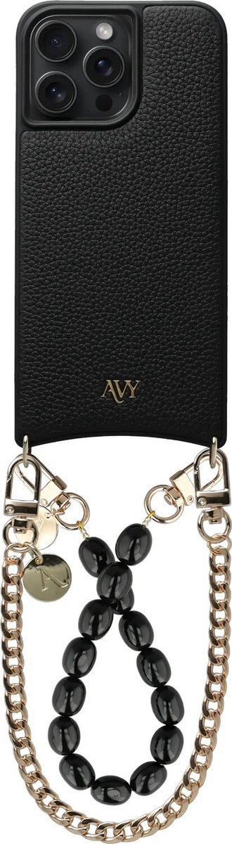AVY Leren Hoesje Geschikt voor Apple iPhone 14 Pro Max | Compatibel met MagSafe | Leather Case met Telefoonkoord | 2 Polsbandjes | Zwart | Rosario Gold Set