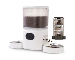 Distributeur automatique de nourriture Pets Pride pour chat et chien – Distributeur de nourriture pour chat avec caméra Full HD – Pour 2 chats – Double gamelle en acier inoxydable – Vision nocturne – Distributeur de nourriture – 5L – Blanc