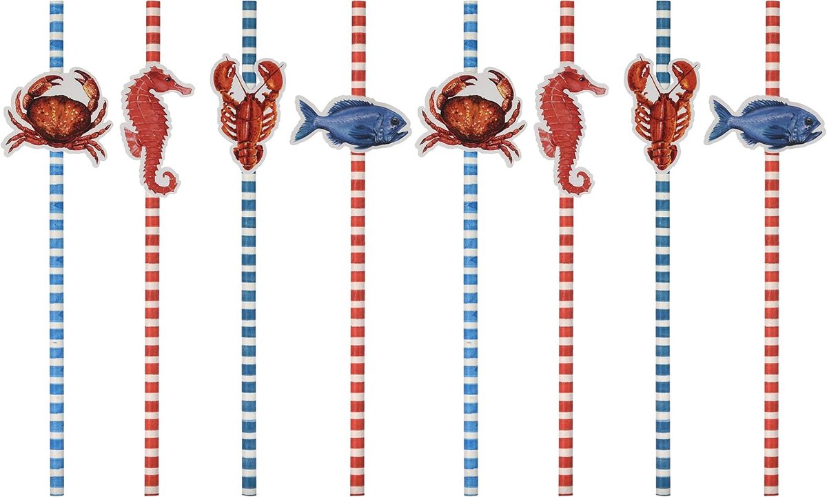 Rietjes, papieren rietjes, wegwerprietjes van papier, voor kinderverjaardag, bruiloft, babydoop, feest, biologisch afbreekbaar (gestreept met zeedieren, 64 stuks)