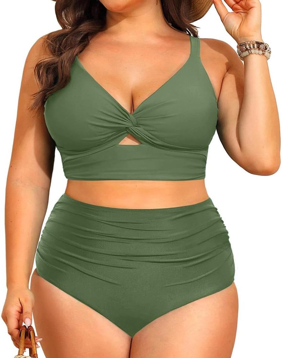 2-delige plus size badpak push-up bikini sets voor vrouwen hoge taille buikcontrole zwemshorts twist knoop badmode ruches badpakken