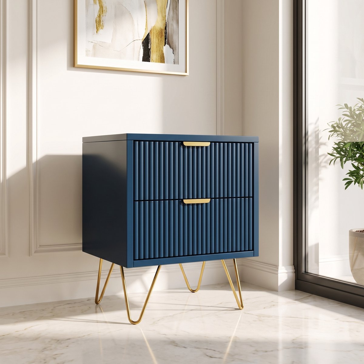 Nachtkastje, Salontafel met 2 Lades, met Gouden Metalen Handgrepen en Poten, voor Woonkamer, Slaapkamer, Bank (Marineblauw)