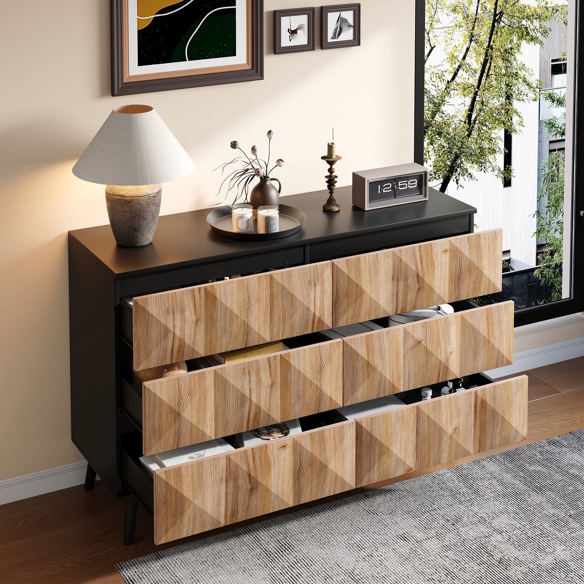 Wishdor - Dressoir - 6 lades met verborgen grepen - geometrisch front - industrieel - voor woonkamer slaapkamer of hal - houtlook en zwart - 120x40x85 cm