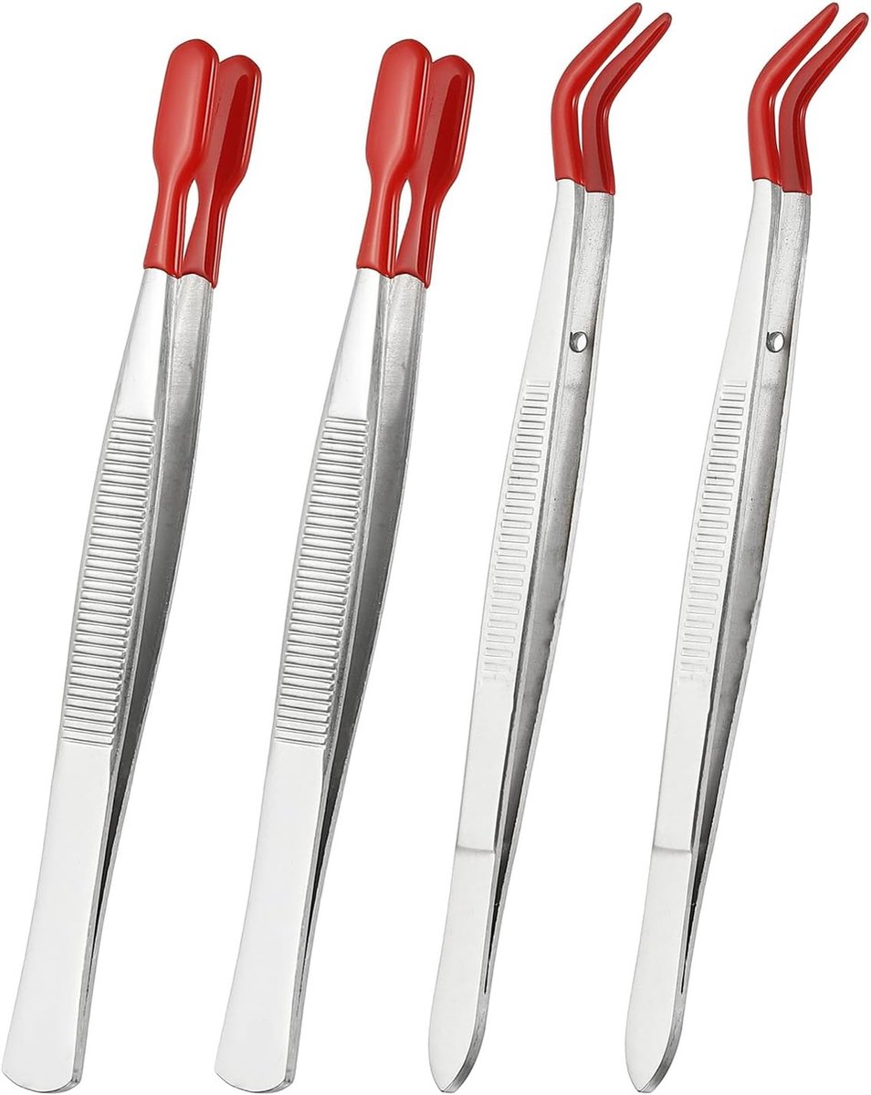 Knutselpincet met rubberen tips, 4 stuks PVC gecoate pincetten set lange roestvrij staal gebogen rechte platte punt voor stempel sticker ambachten kralen sieraden gereedschap, rood 15 cm 15,5