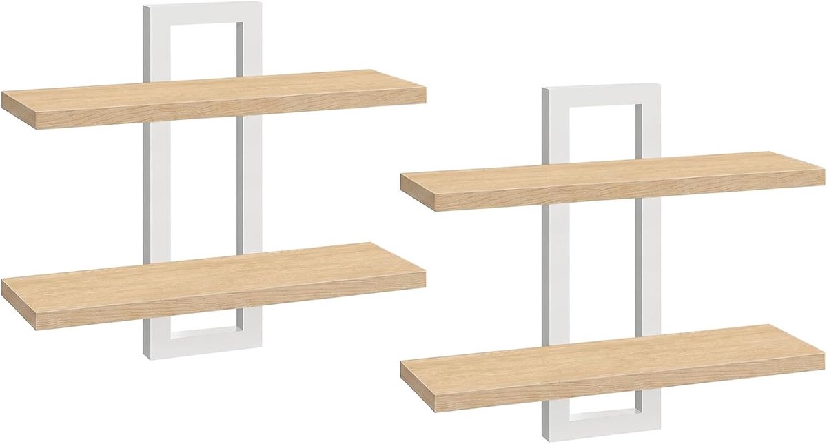Zwevende Planken, Wandplankenset van 2, Wandgemonteerde Opbergruimte met 2 Niveaus, Wanddisplayrekken, Hangende Badkamerplanken, Voor Keuken, Woonkamer,Naturel en Wit EWN32BJ01