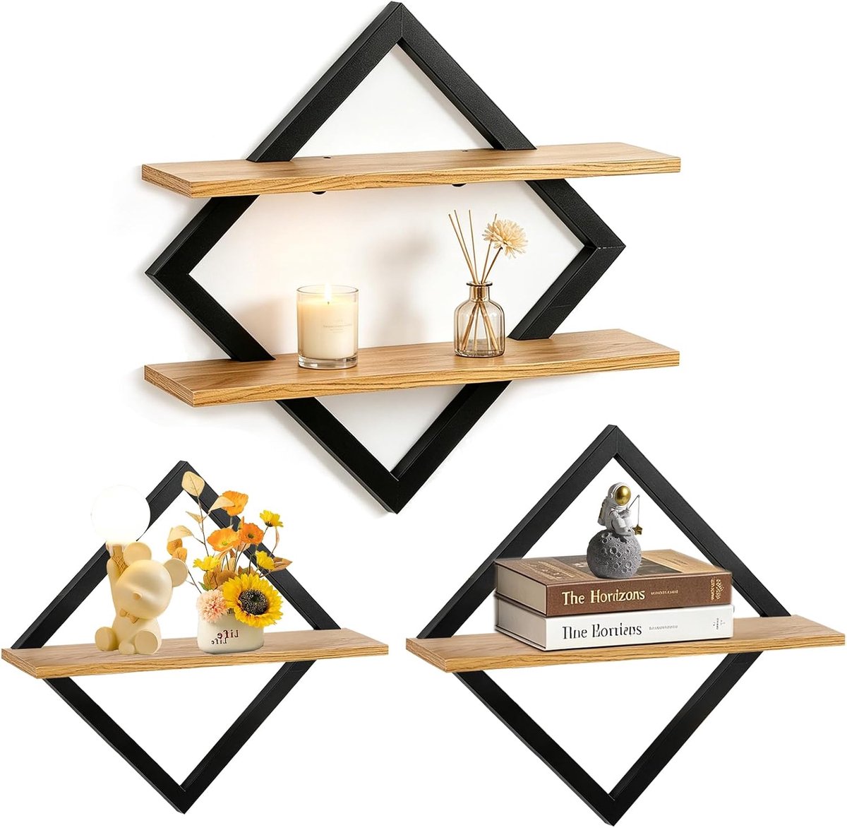 Zwevende planken voor de muur, zwevende planken, hangplanken voor wandopslag, vierkante wandplanken, hout, voor woonkamer, slaapkamer, kantoor, keuken