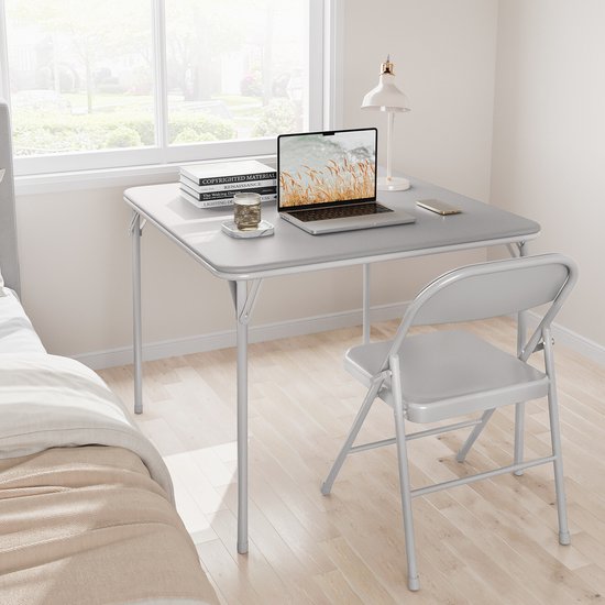 Vierkante opklapbare kaarttafel, 85 cm - met spons gevuld PU blad, waterafstotend - grijs metalen frame, geen montage nodig - draagbare tafel voor poker, eten en kamperen, geschikt voor binnen en buiten — afbeelding 2