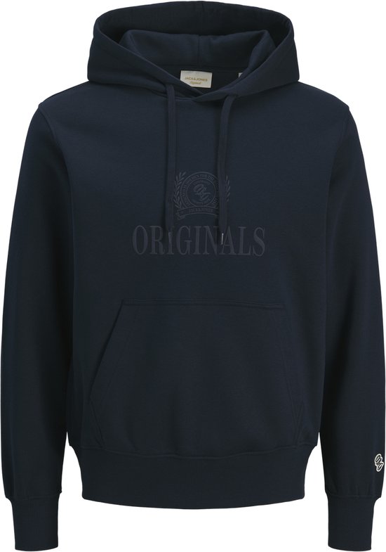 Donkerblauwe hoodie van Jack & Jones met 'ORIGINALS' en een monogram op de borst. Geribbelde zoom en manchetten.