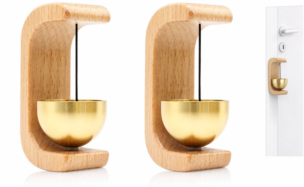VHV - Deurbel magnetisch - Set van 2 houten deurbellen met messing bel en plakstrip - voor huis en winkel